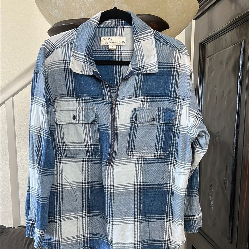 Blue and White Plaid Zip-Up Shirt